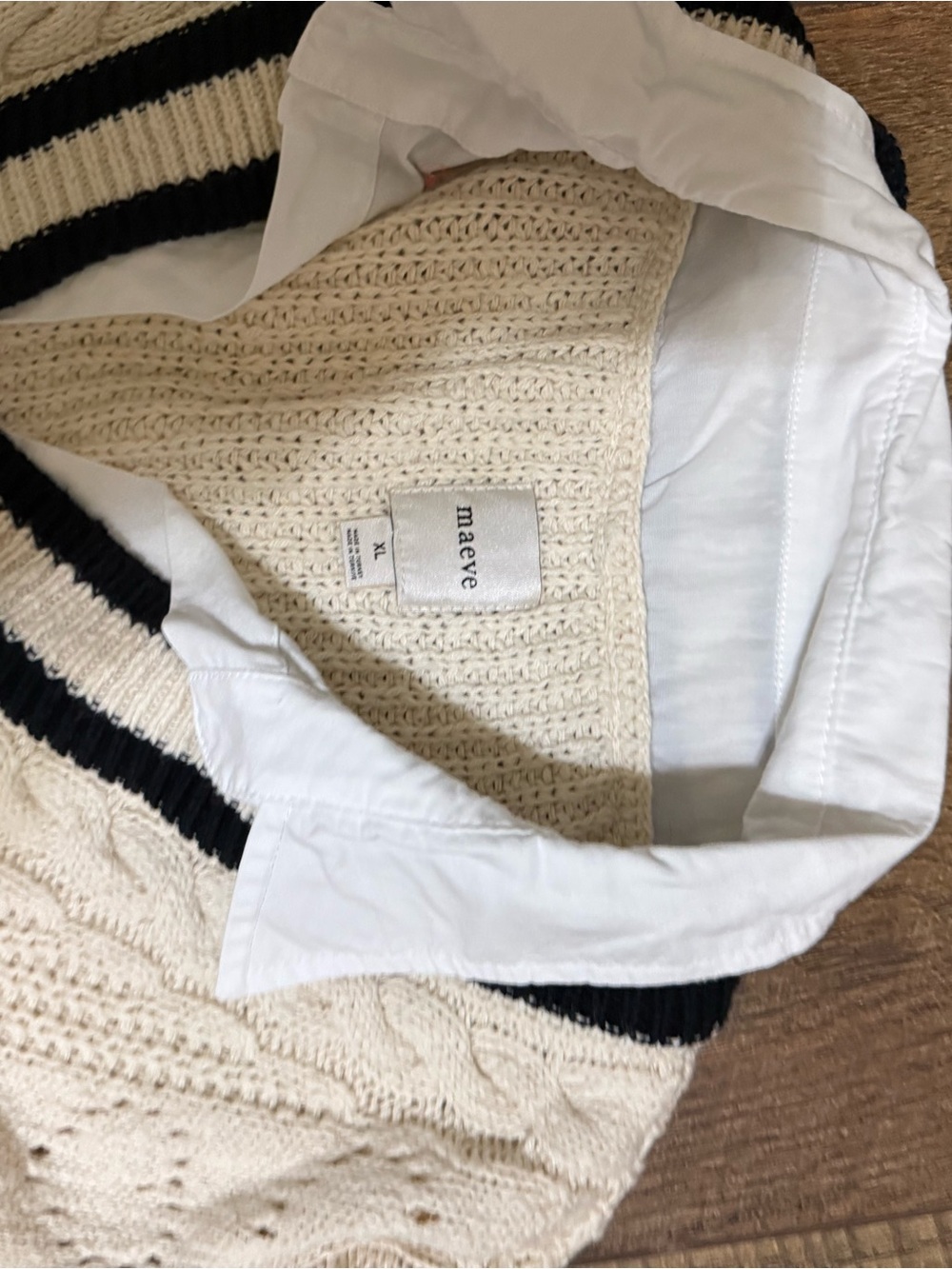 Maeve Cream Cable-Knit Cardigan with Black Trim and Gold Button - Picture 2 of 2